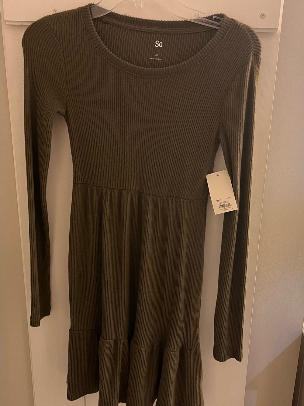 SO Olive Green Ribbed Long-Sleeve Casual Dress